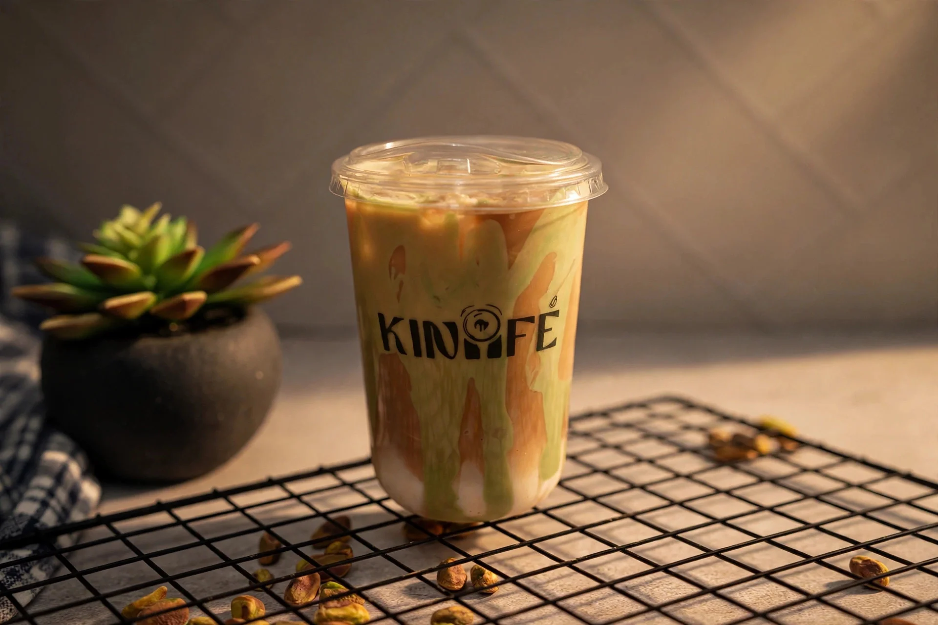 A transparent cup filled with iced coffee and chocolate syrup swirls.
