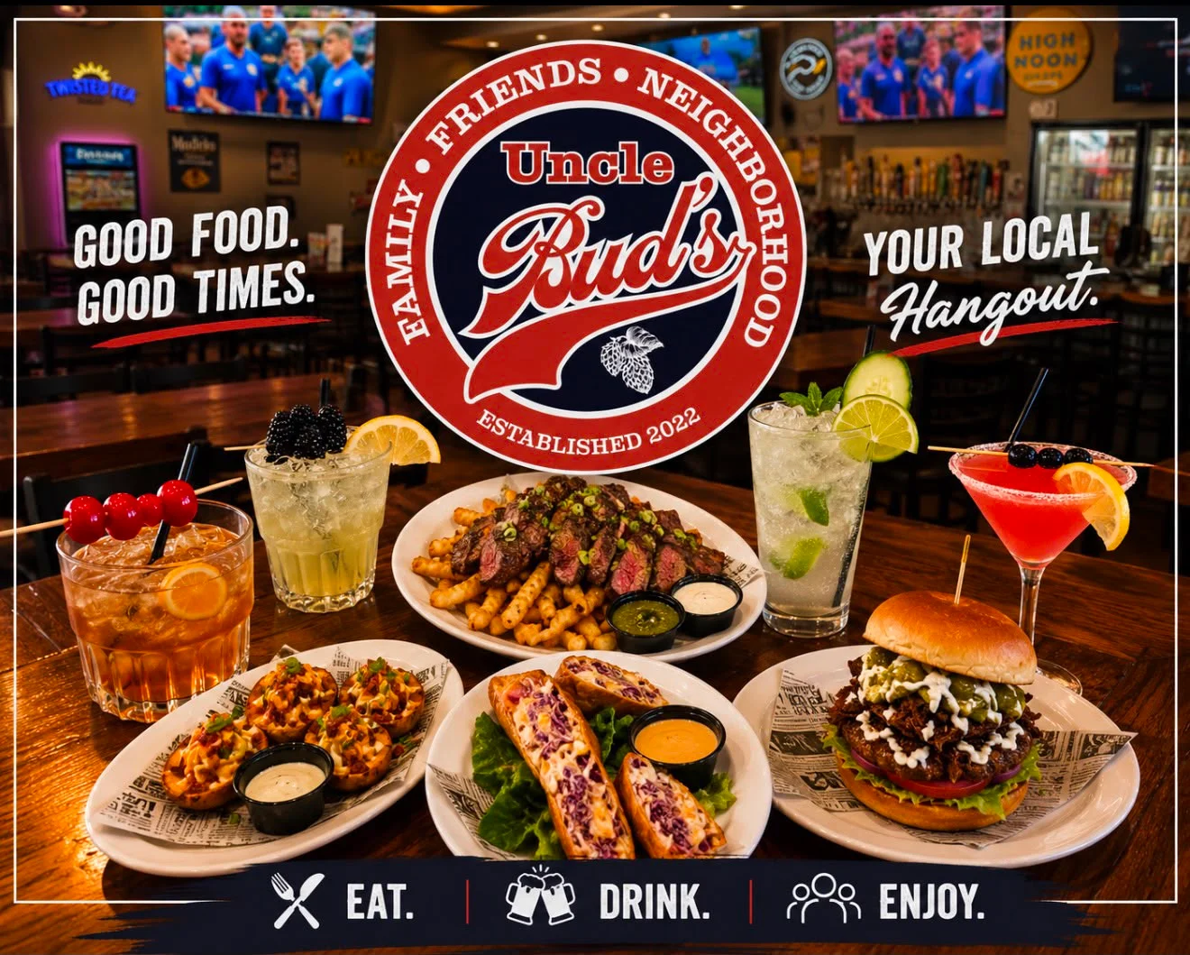 Vibrant restaurant spread with burgers, cocktails, and appetizers
