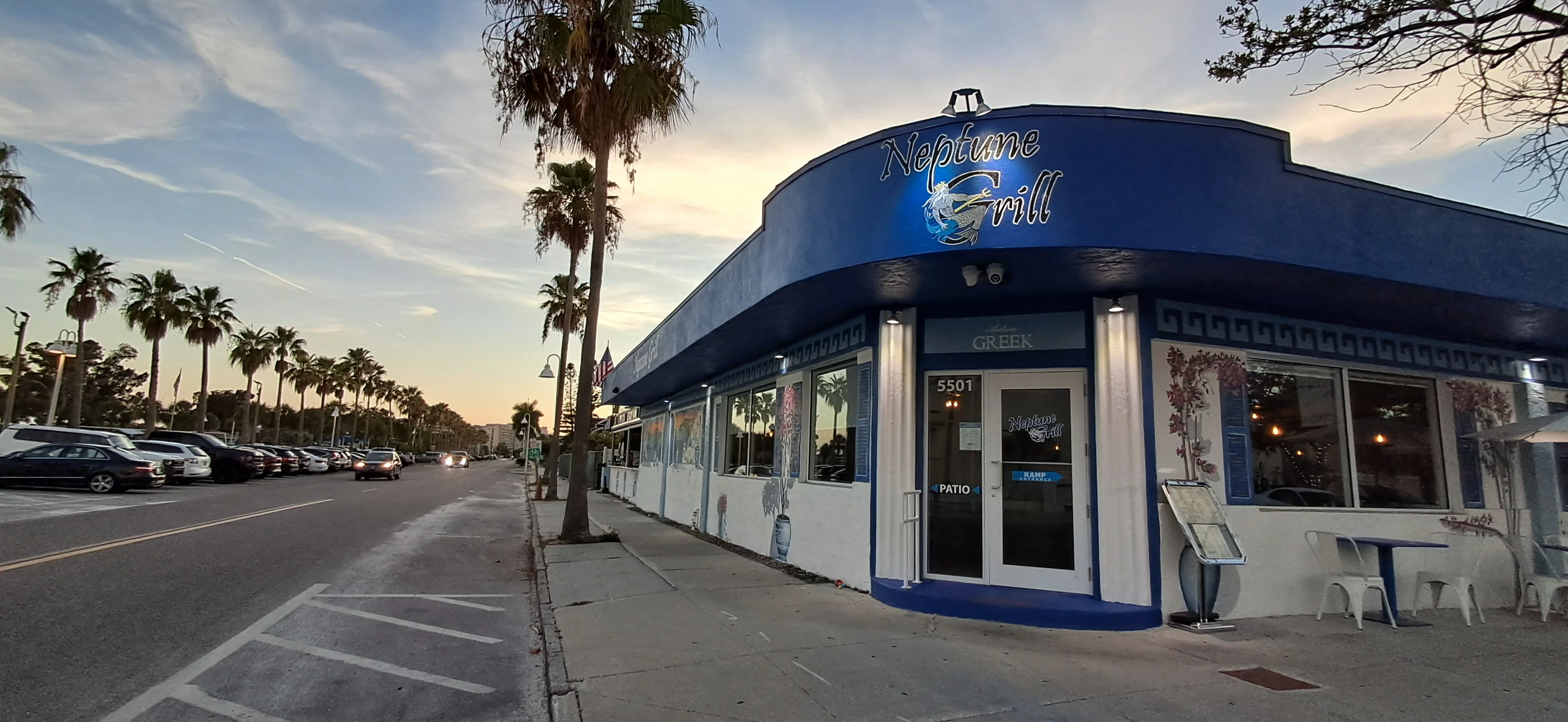 Exterior view of Neptune Grill restaurant at sunset