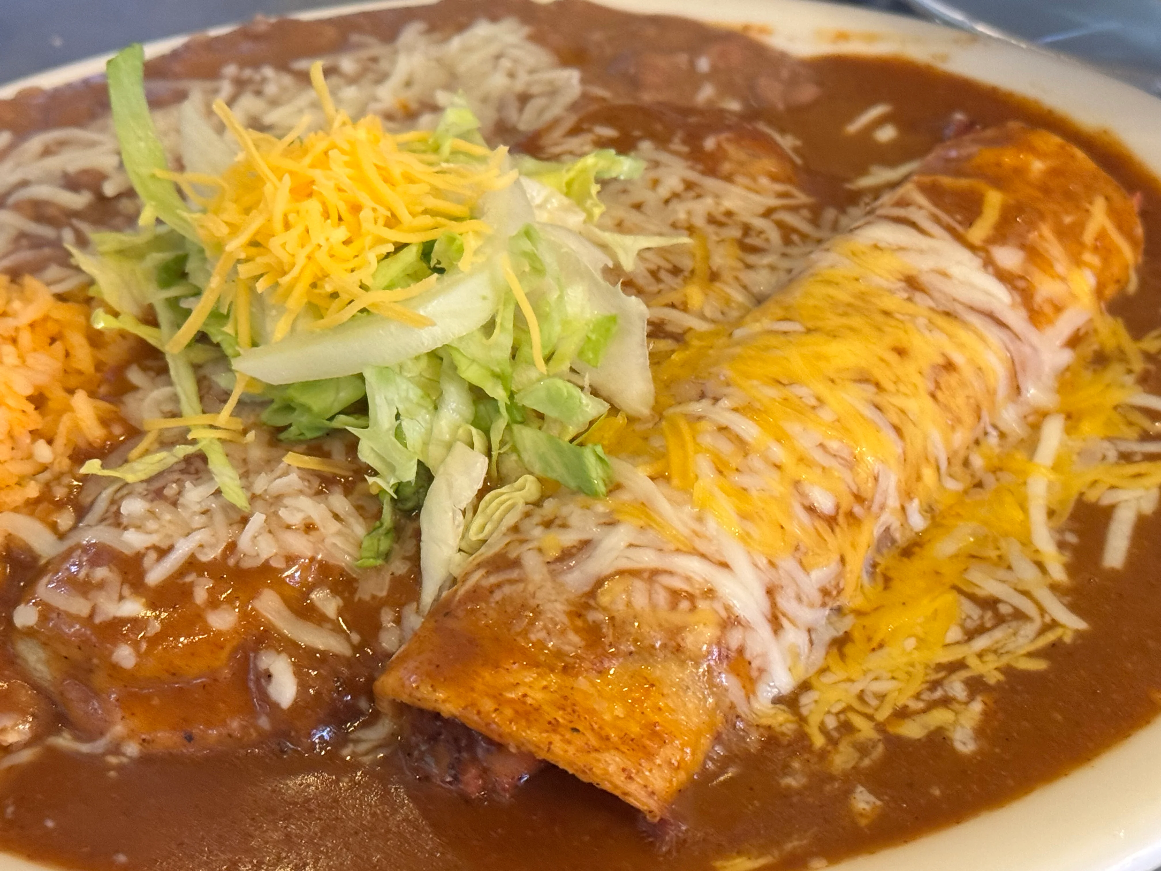 Delicious enchiladas smothered in red sauce with cheese and toppings