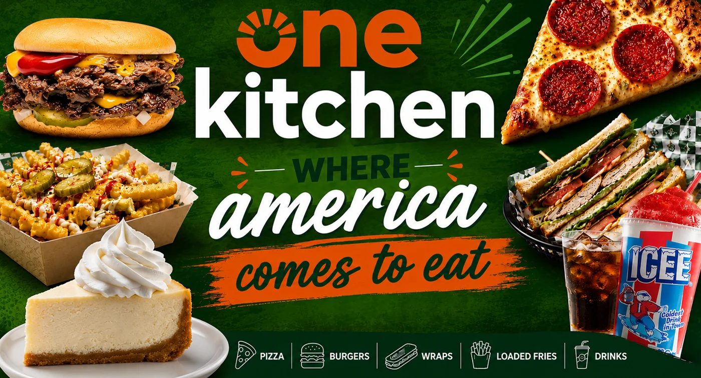 Variety of food items including Mr beast burgers, pizza, gyros, wraps, salads, cheesecake, icee and much more
