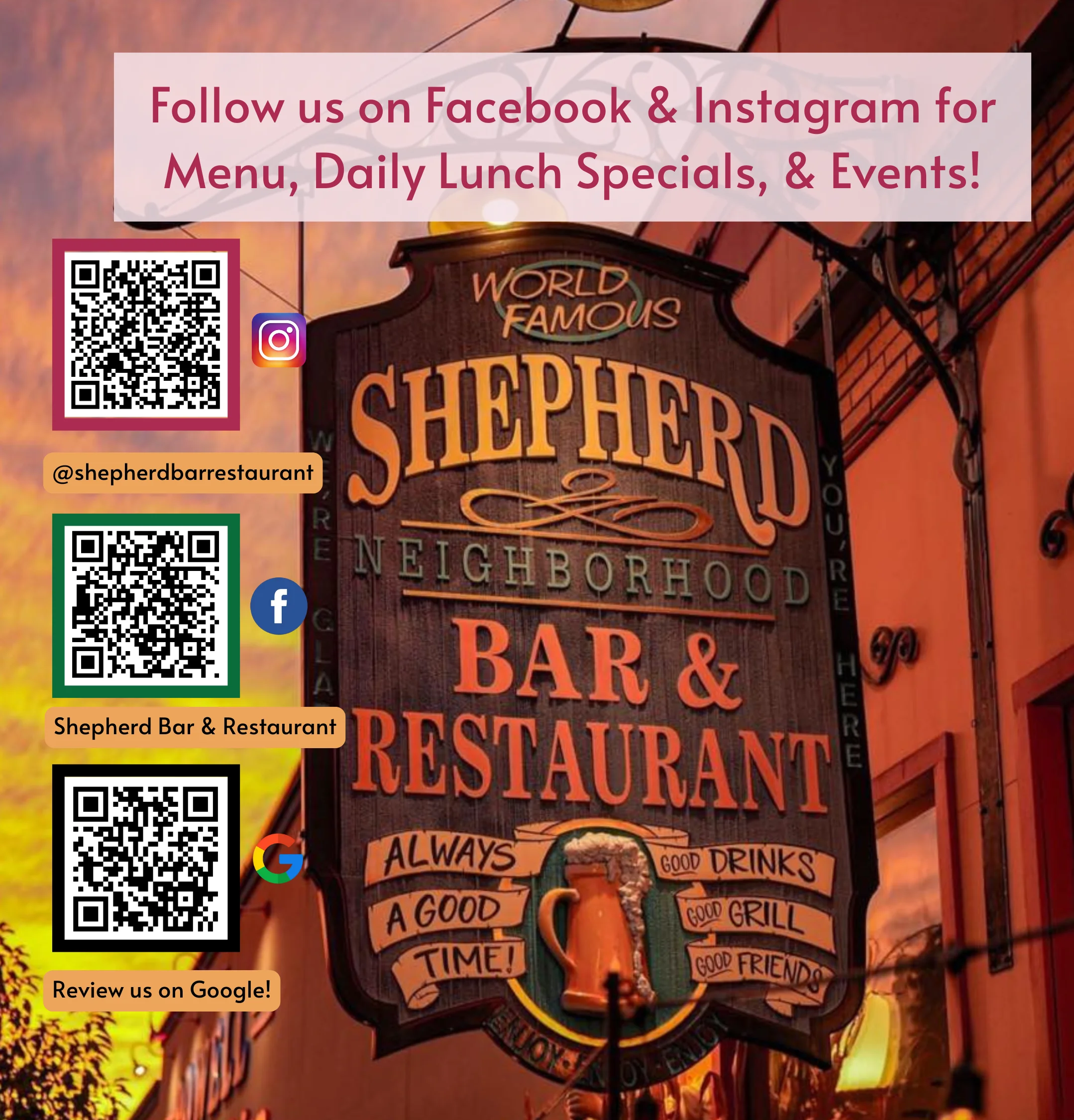 Signage for Shepherd Bar & Restaurant promoting social media and reviews