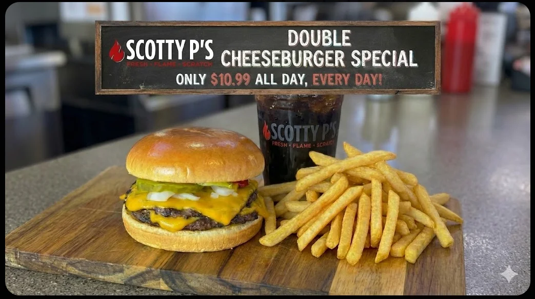 Double cheeseburger special with fries from a casual American diner