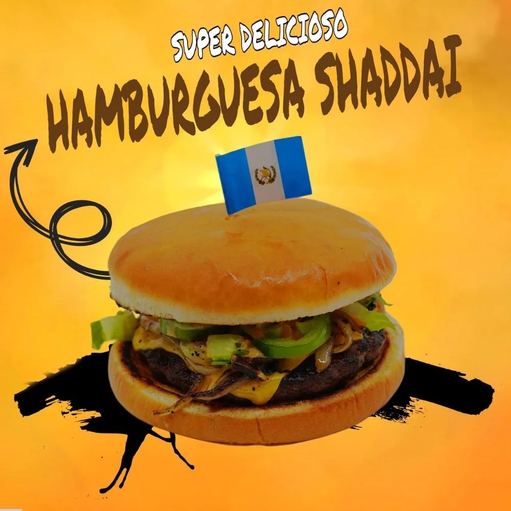 Guatemalan hamburger with flag and toppings