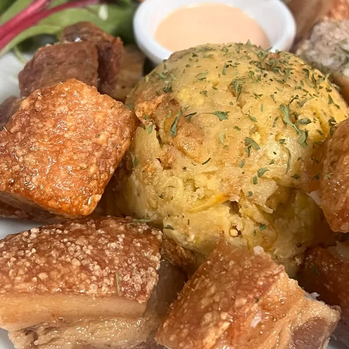 Crispy pork belly with savory rice and dipping sauce