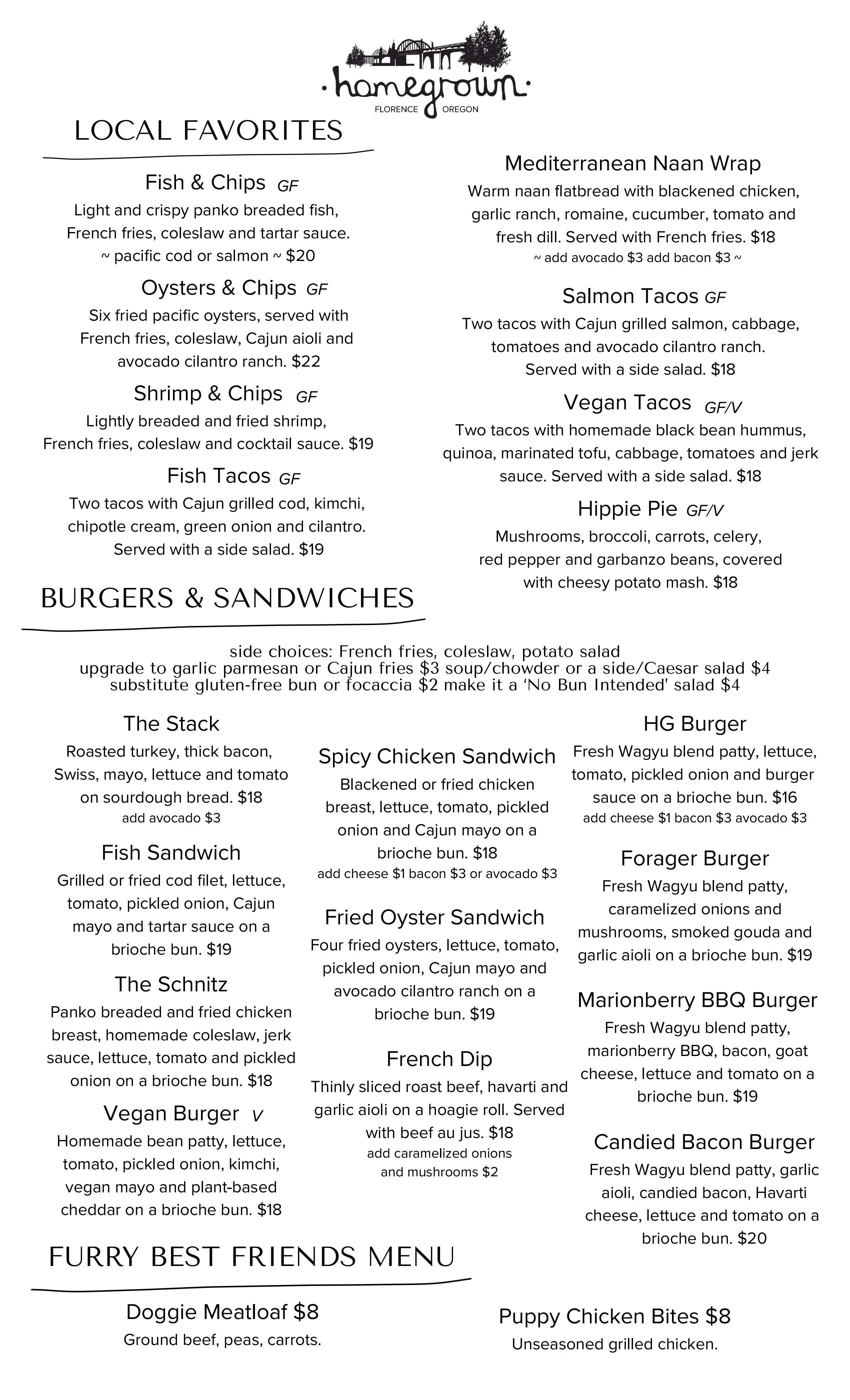Menu featuring local favorites and sandwiches at a cozy restaurant