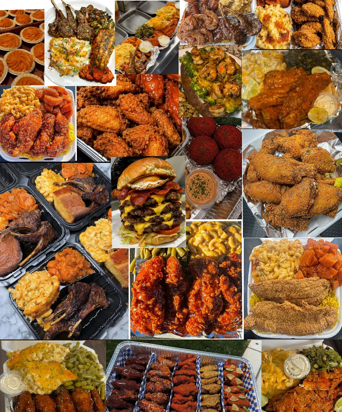 A mouthwatering assortment of various dishes including fried chicken, burgers, and sides, presented in multiple containers.