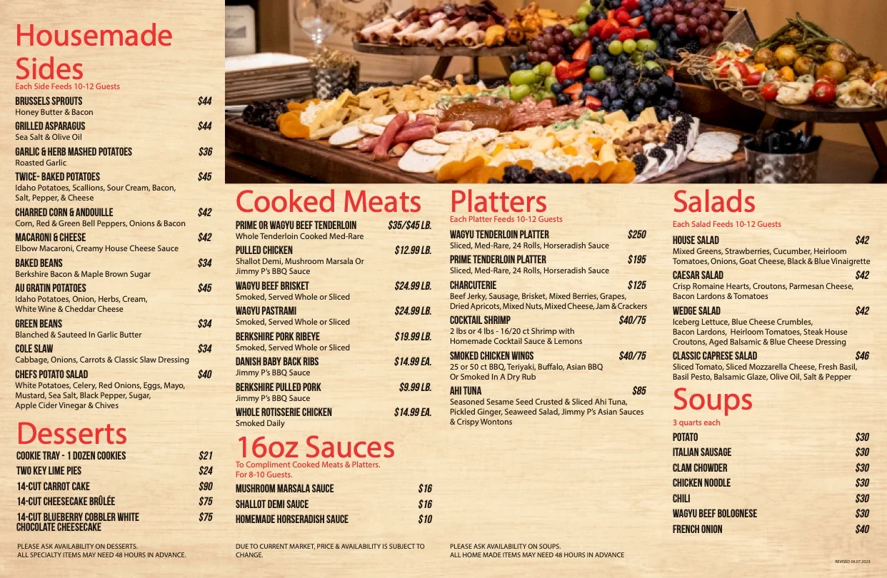 Catering menu featuring assorted meats, sides, and salads for large gatherings