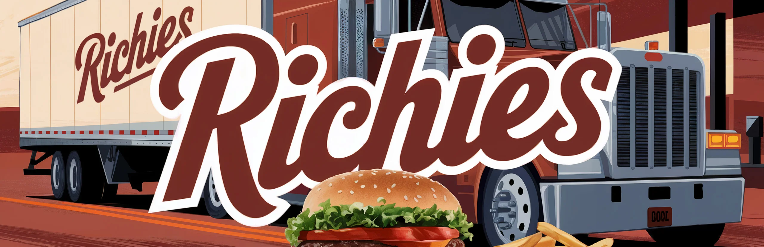 Classic American burger with fries in front of a food truck