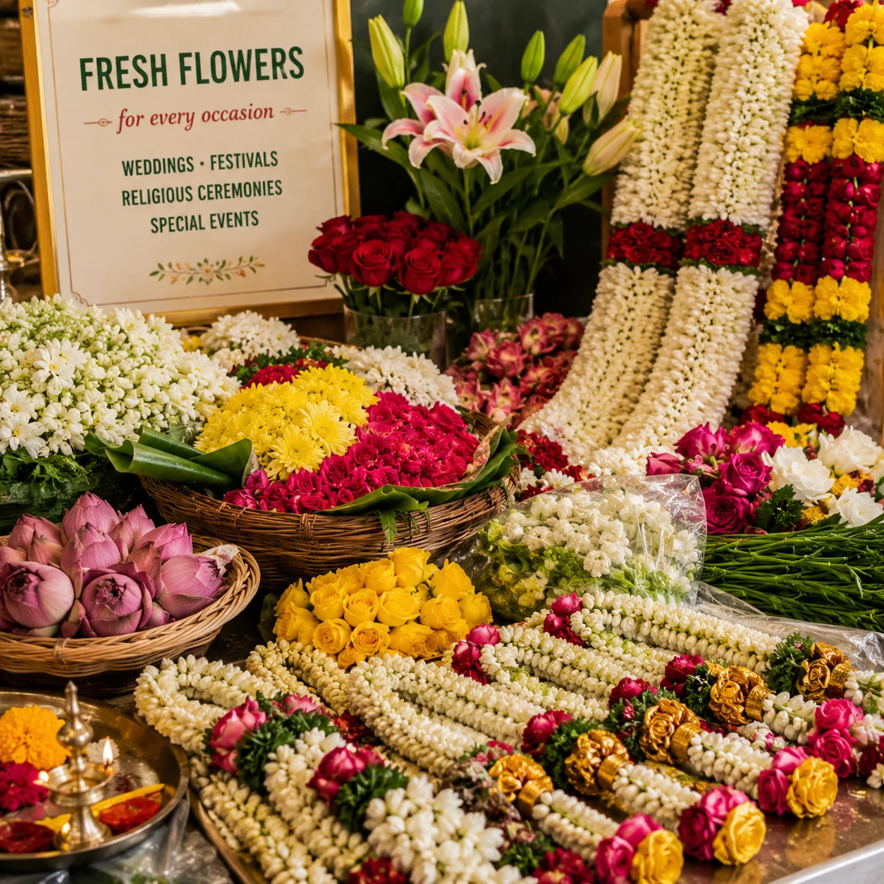 Vibrant display of fresh flowers for weddings and events