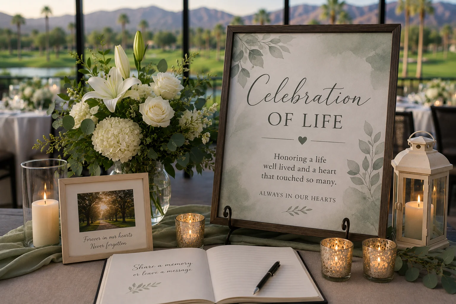 Elegant celebration of life table setting with flowers and candles