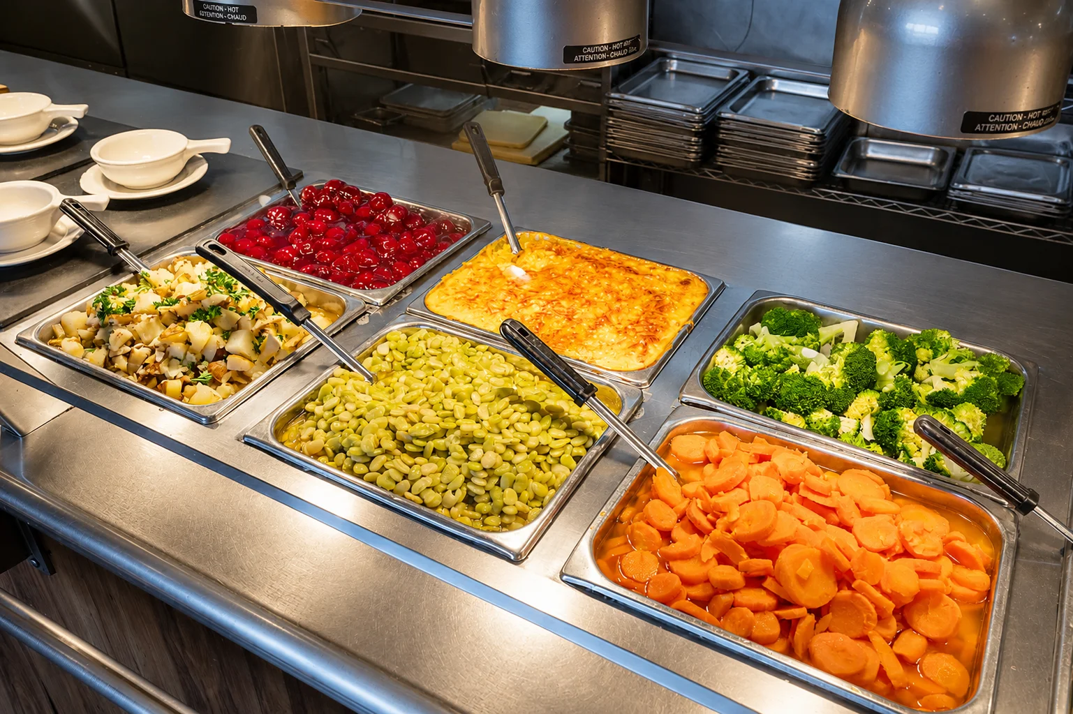 Variety of colorful vegetables and dishes in a restaurant buffet setup.