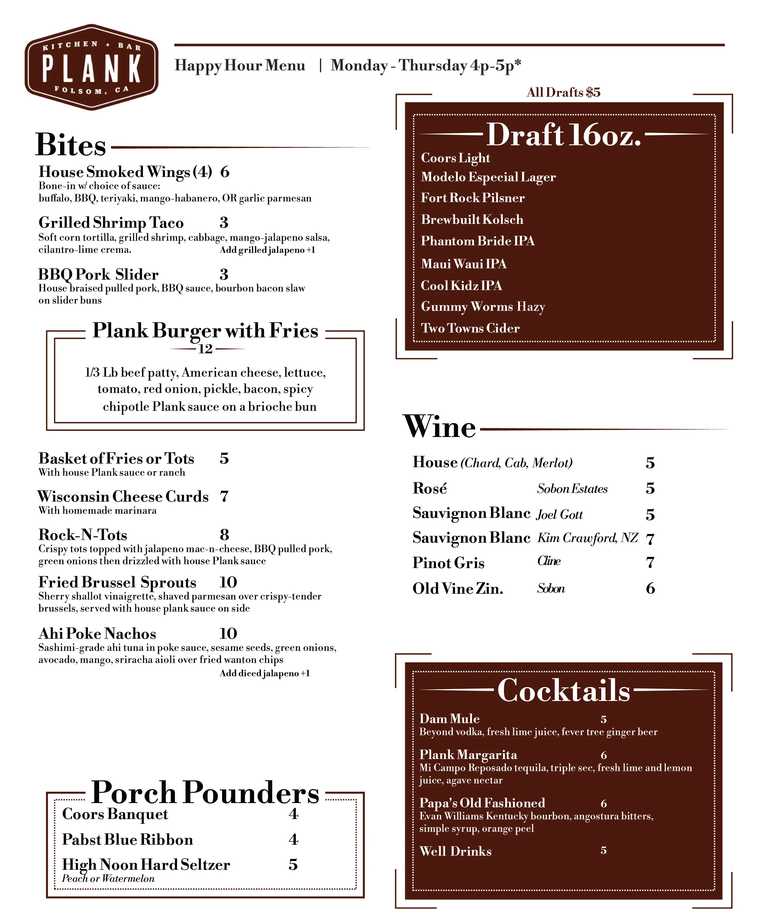 Happy hour menu featuring diverse bites and drinks at a casual bar