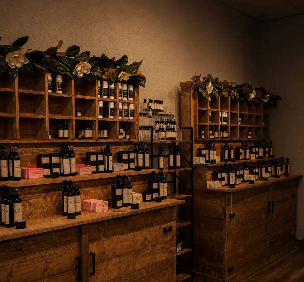 Welcome to Magnolia Ritual Texas Apothecary announcement with products displayed.