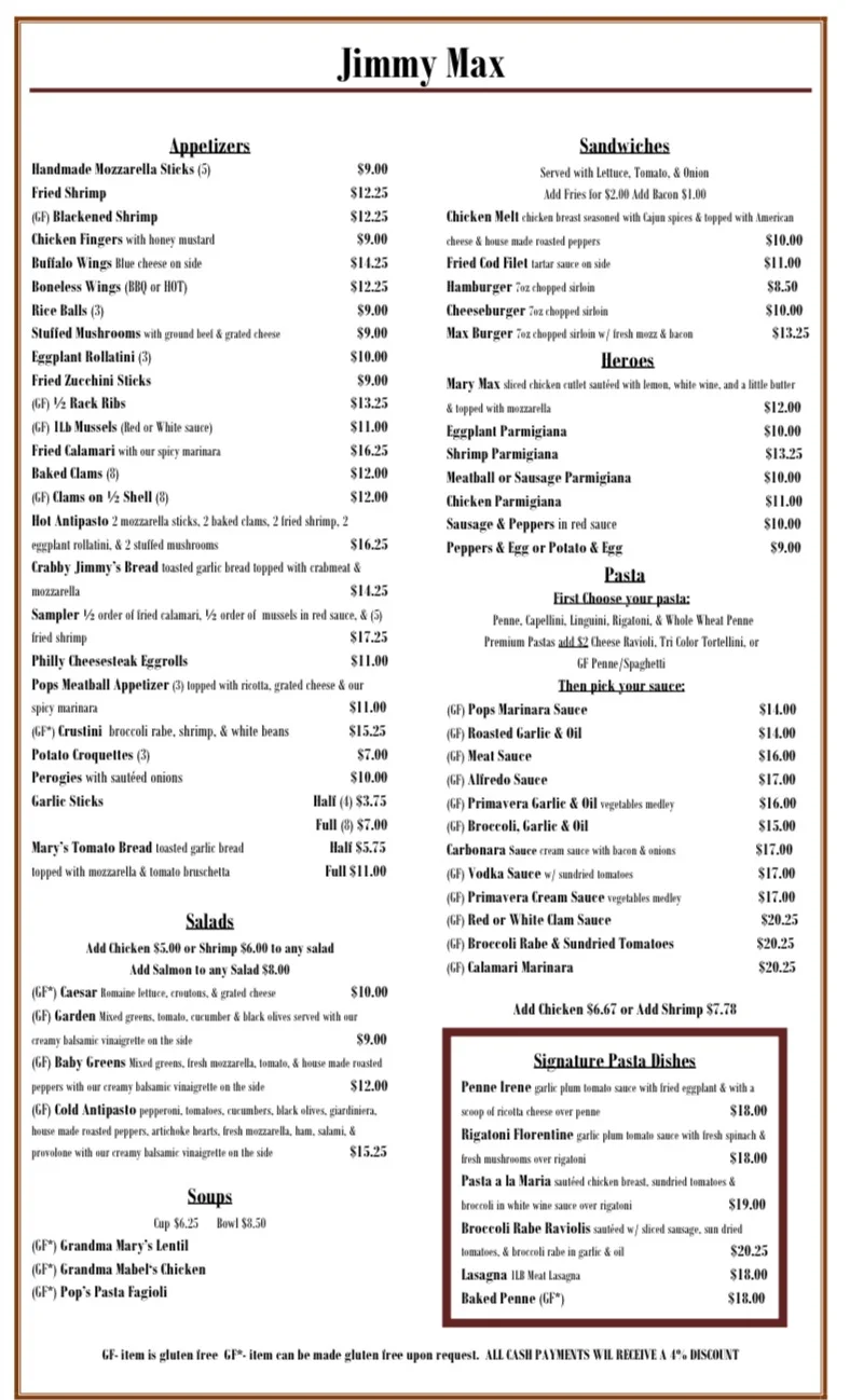 Jimmy Max A La Carte Menu with Prices