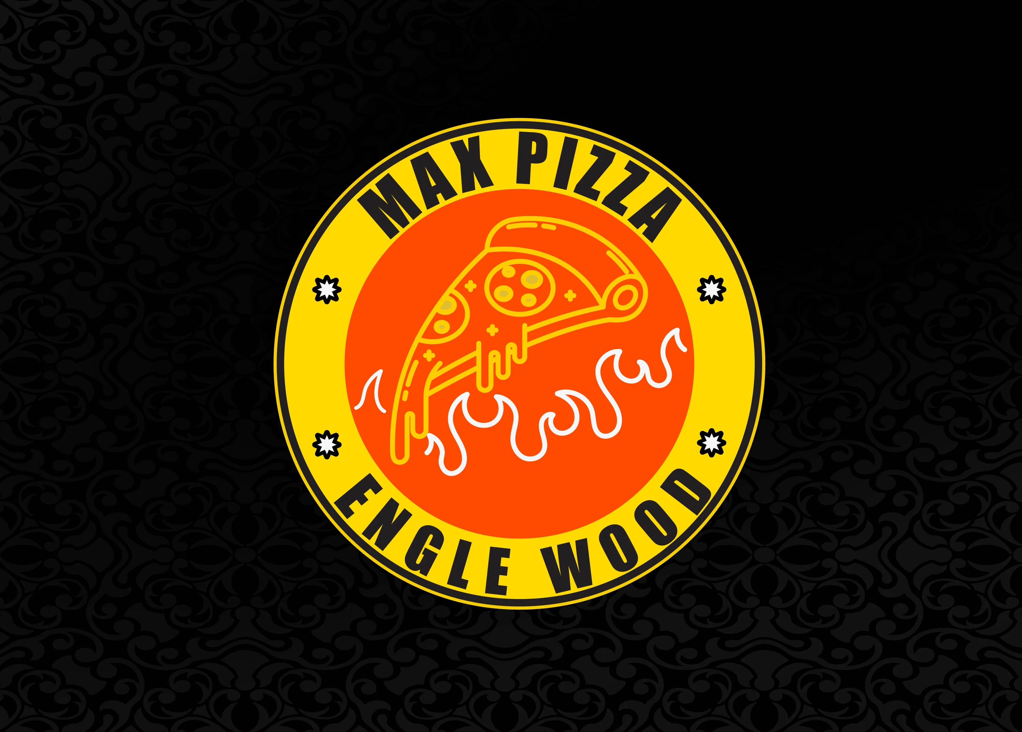 Max Pizza logo featuring a slice with flames