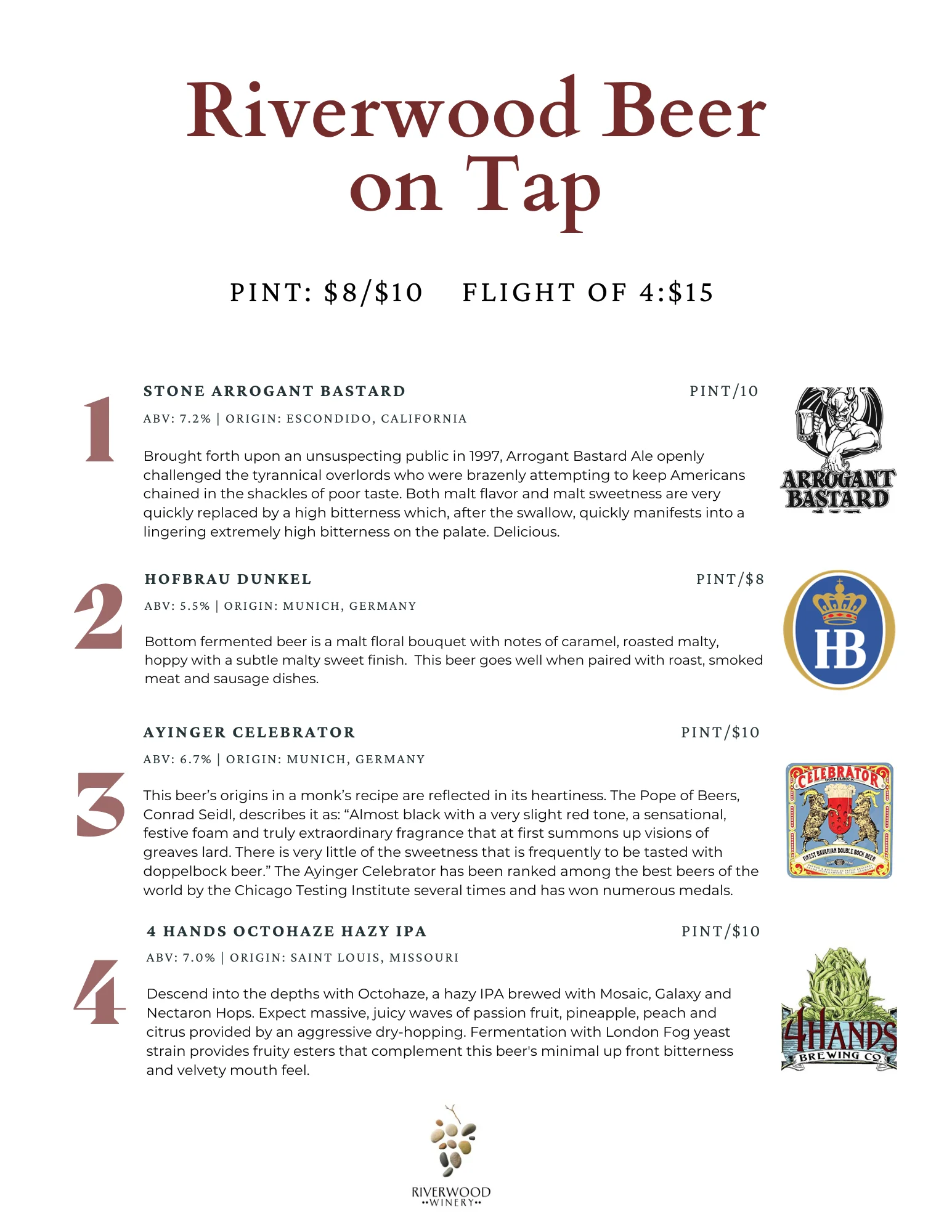 Restaurant beer menu featuring four beers on tap