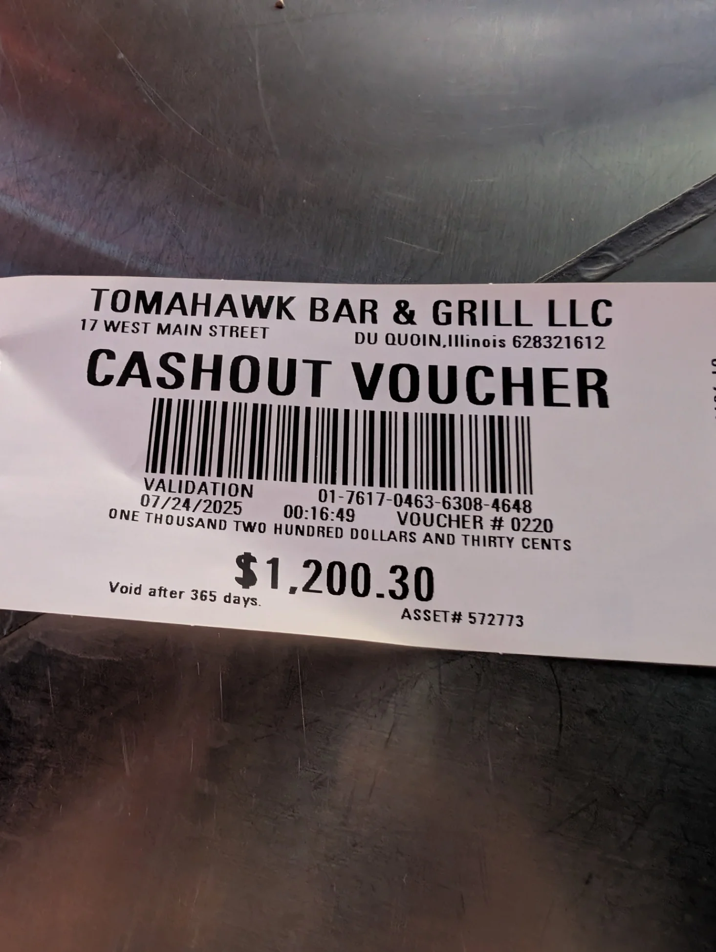 Cashout voucher from Tomahawk Bar & Grill in Du Quoin, Illinois