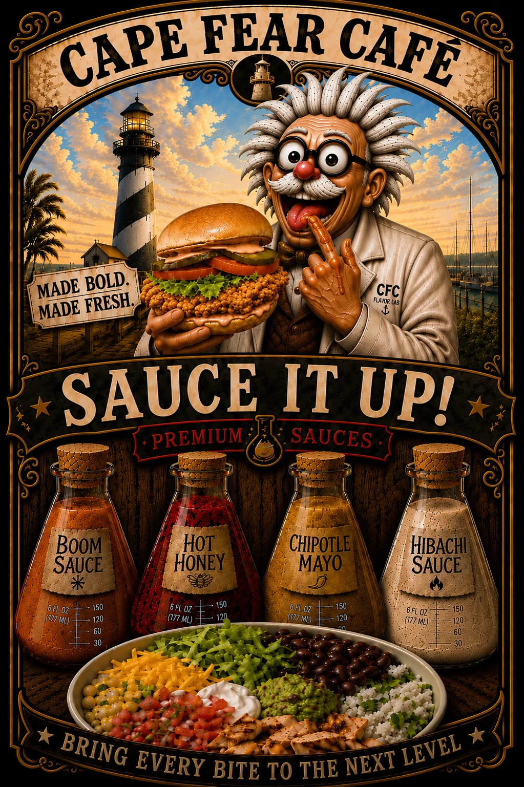 Fried chicken sandwich with premium sauces at Cape Fear Café