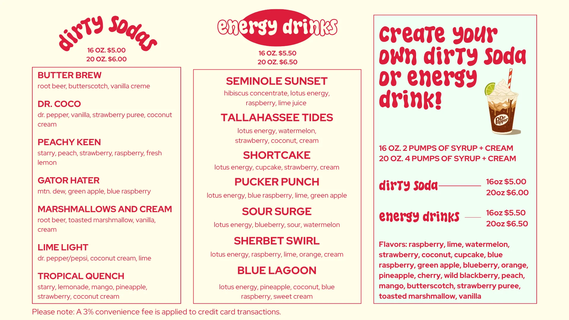Menu featuring creative dirty sodas and energy drinks
