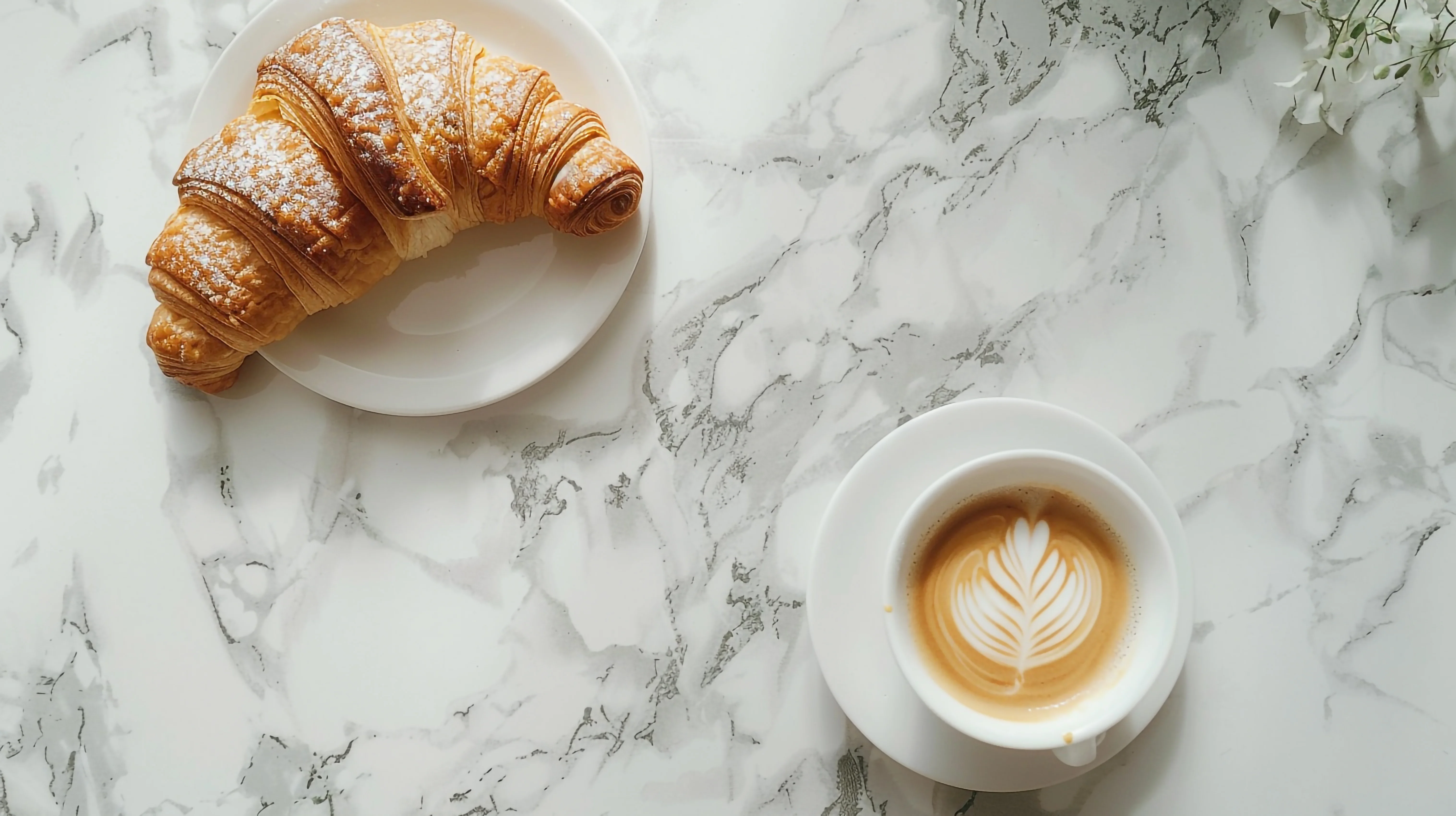 Freshly baked croissant with latte art coffee