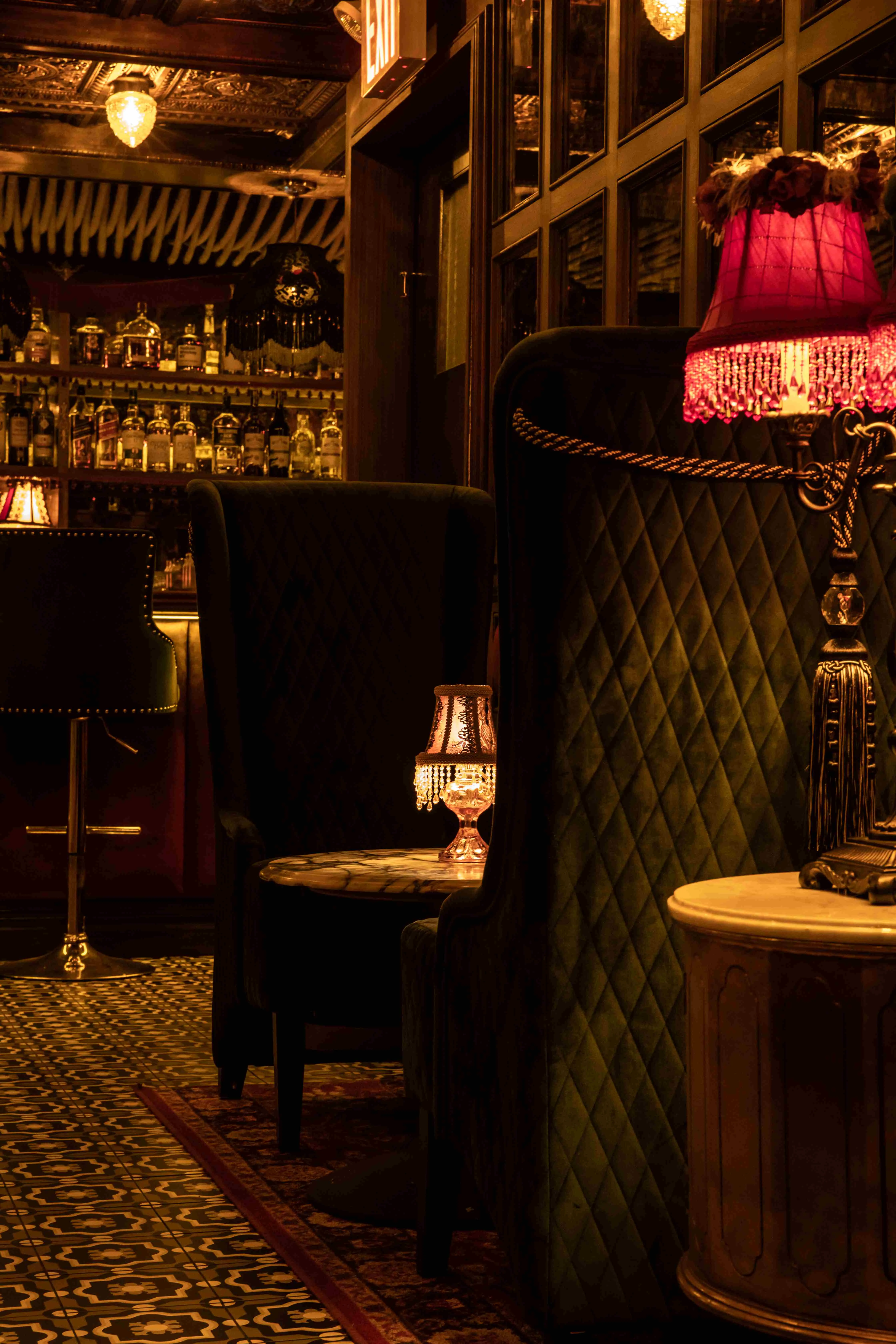 Elegant bar interior with vintage decor and warm lighting