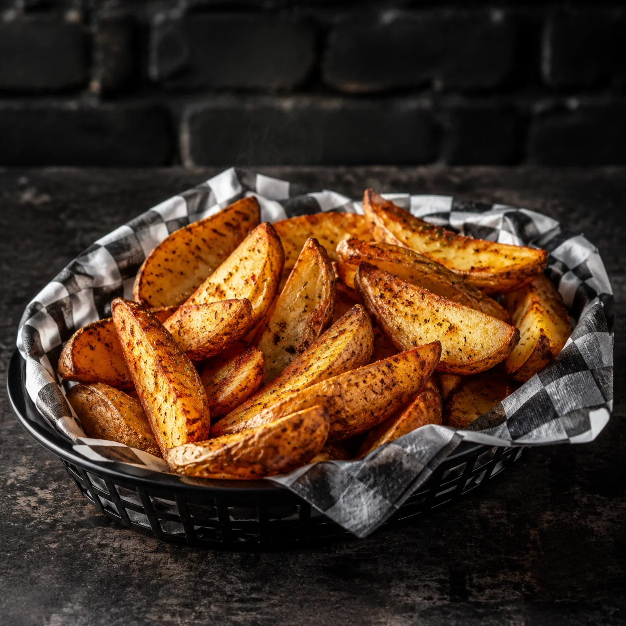 Crispy potato wedges served in a basket with checkered paper