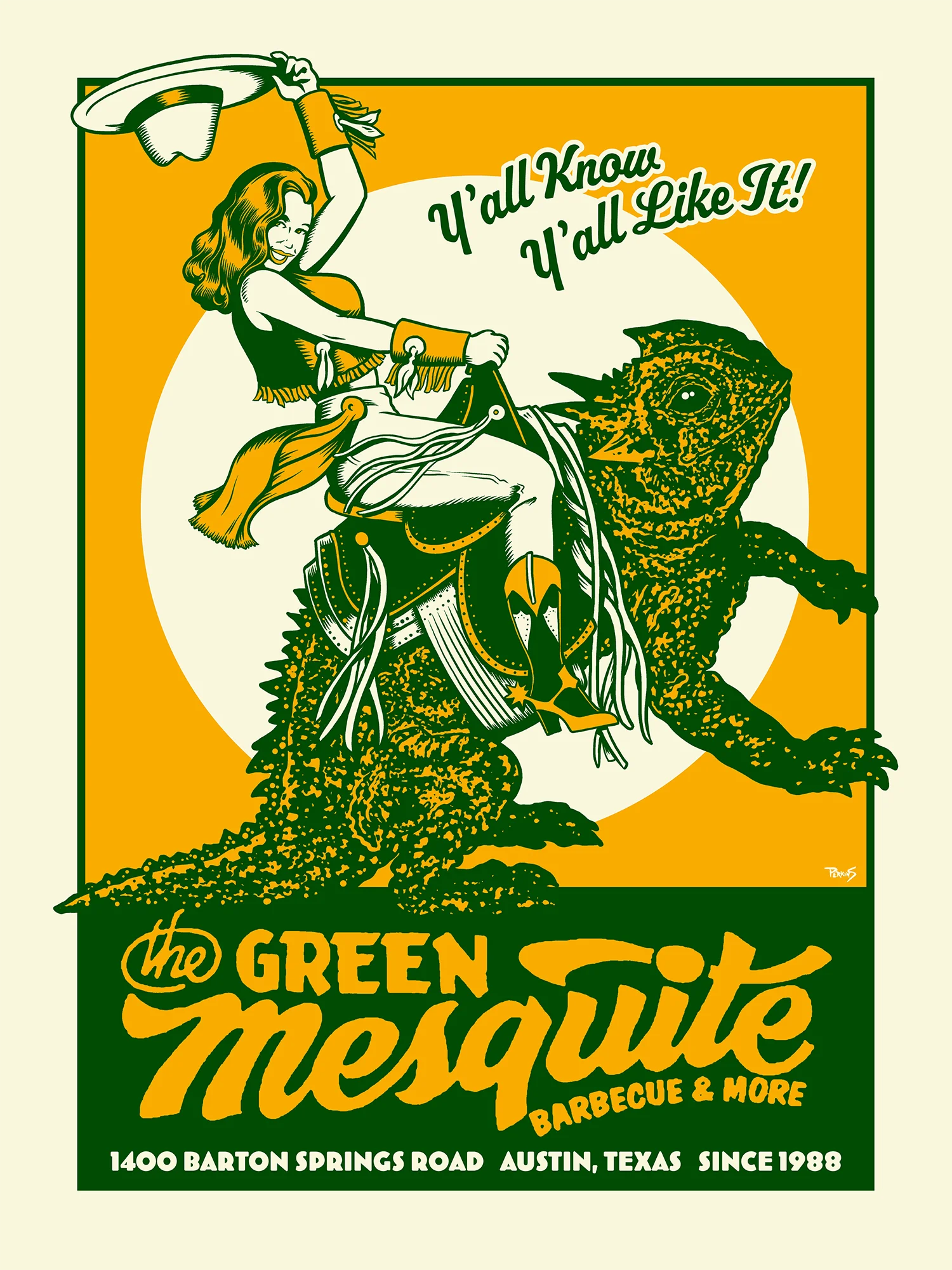 Vintage poster for The Green Mesquite Barbecue in Austin, Texas