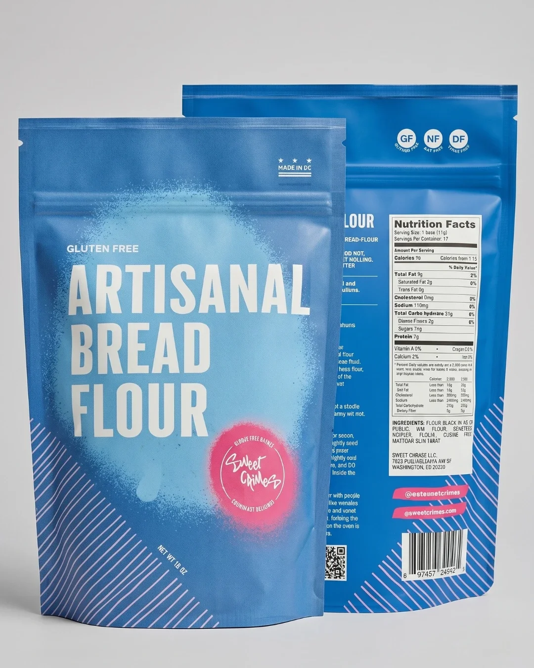 Packaging of gluten-free artisanal bread flour from Sweet Crimes.