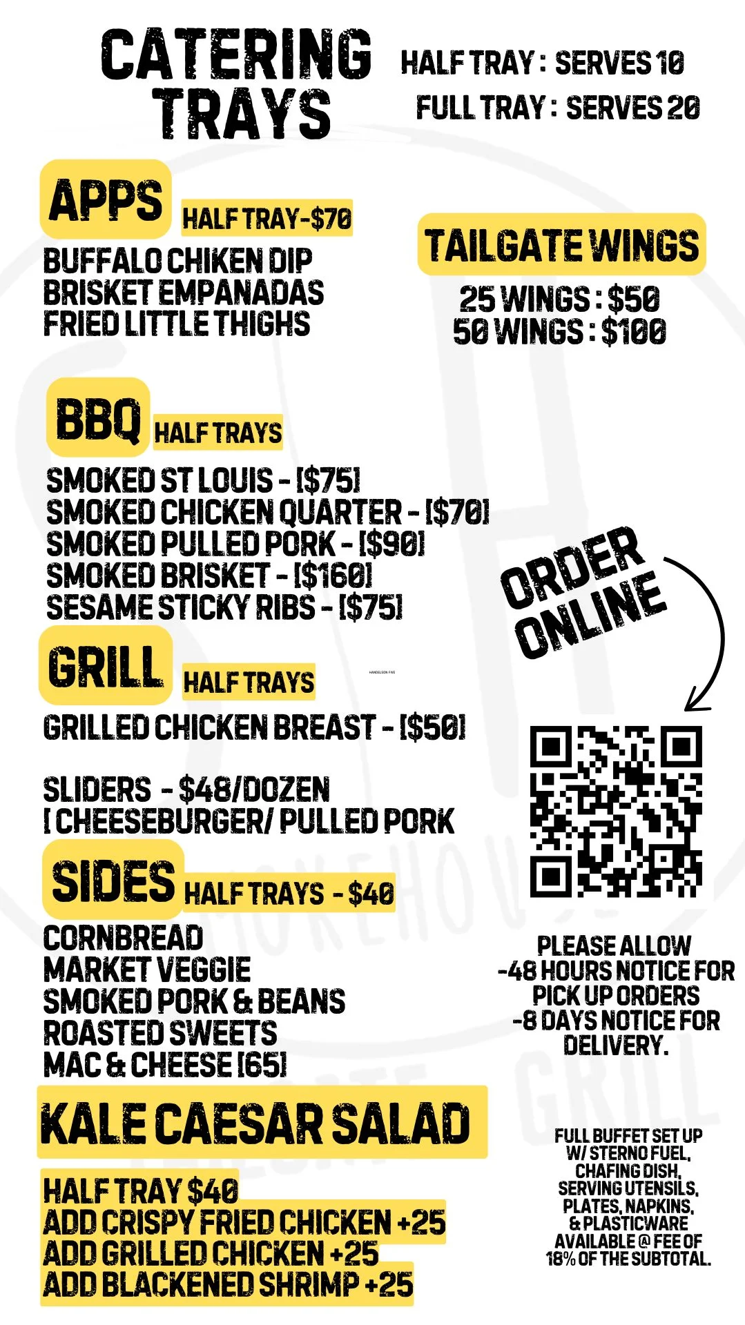 Catering menu featuring BBQ and appetizers for events