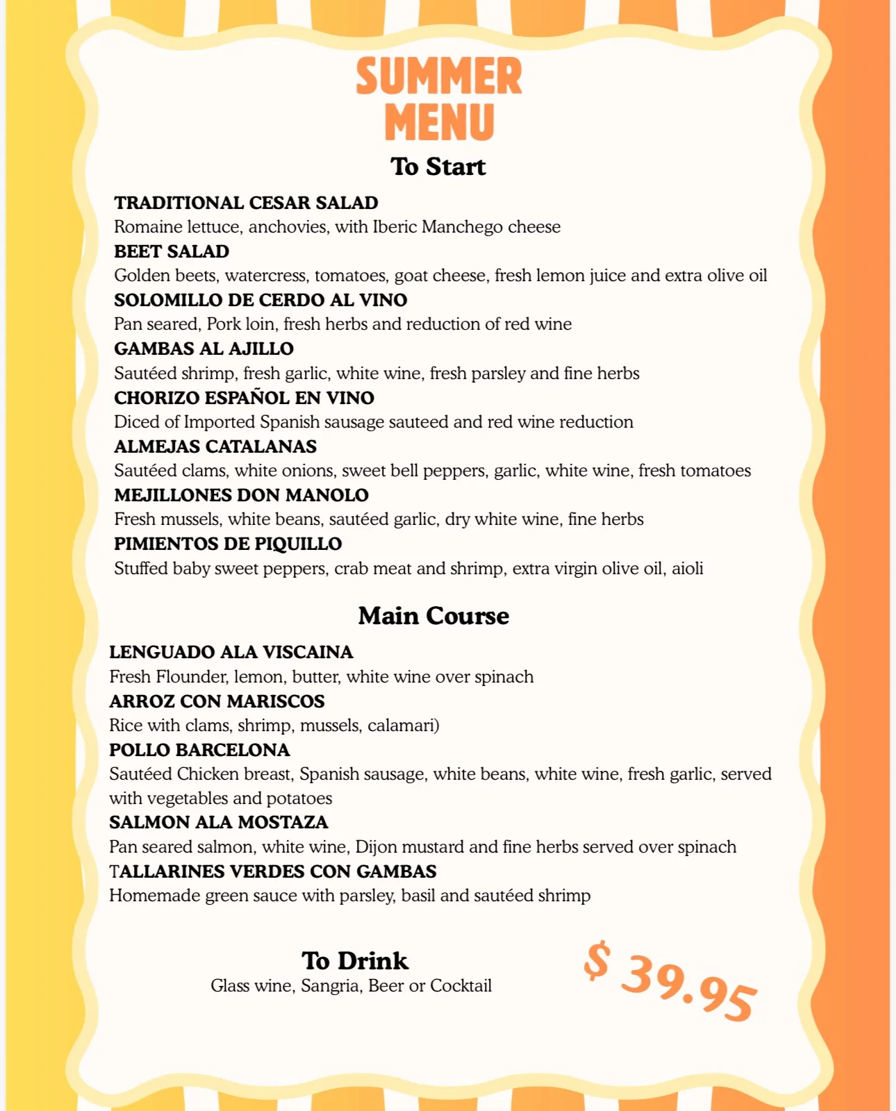 Spanish summer menu featuring traditional dishes