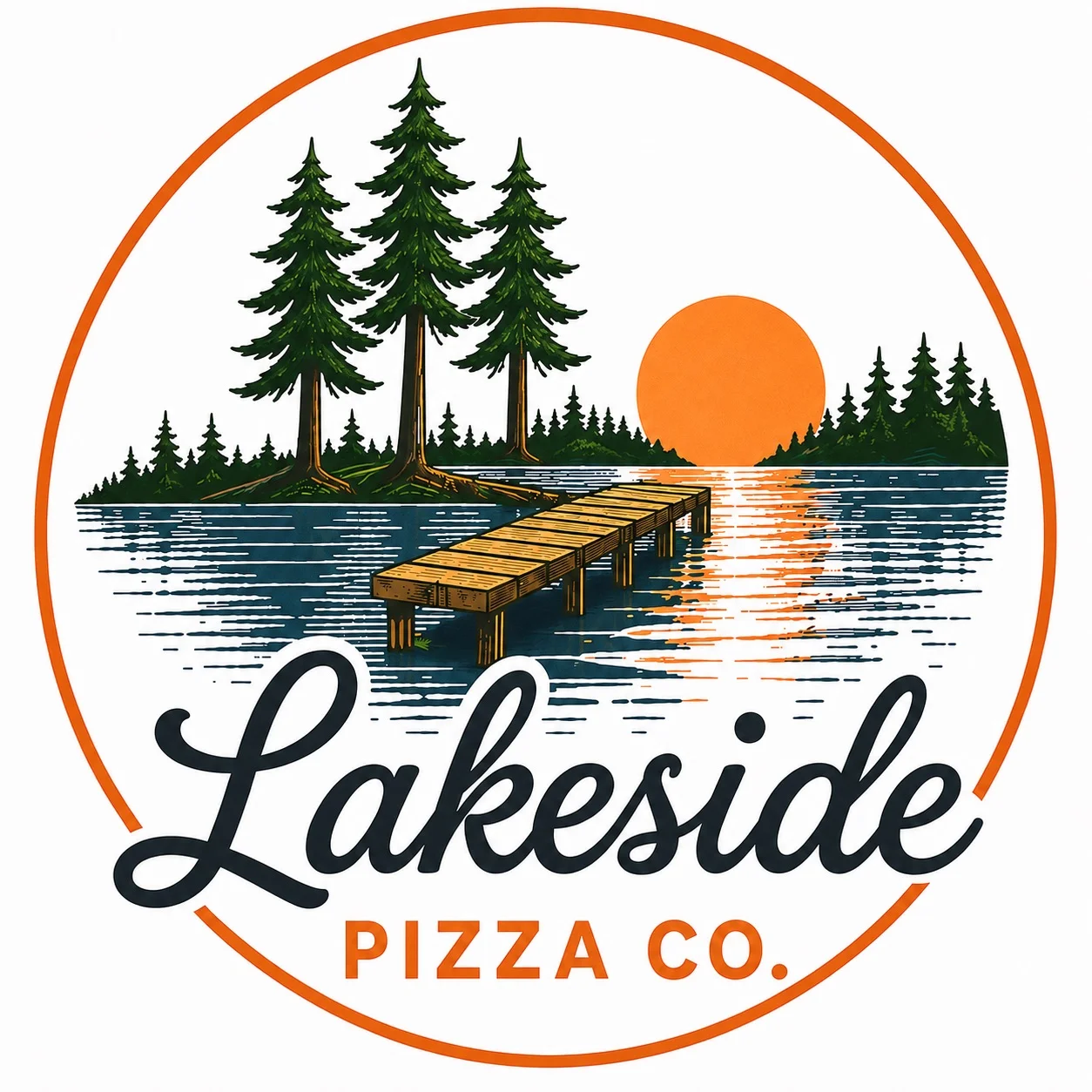 Lakeside-themed logo for a pizza restaurant with trees and sunset