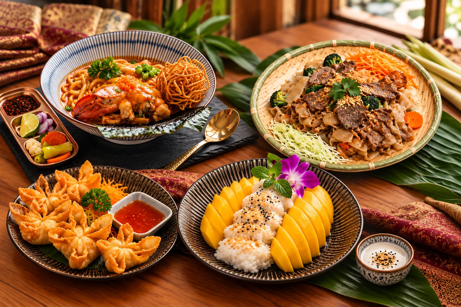 Colorful Southeast Asian feast with mango sticky rice, noodles, beef, and fried wontons