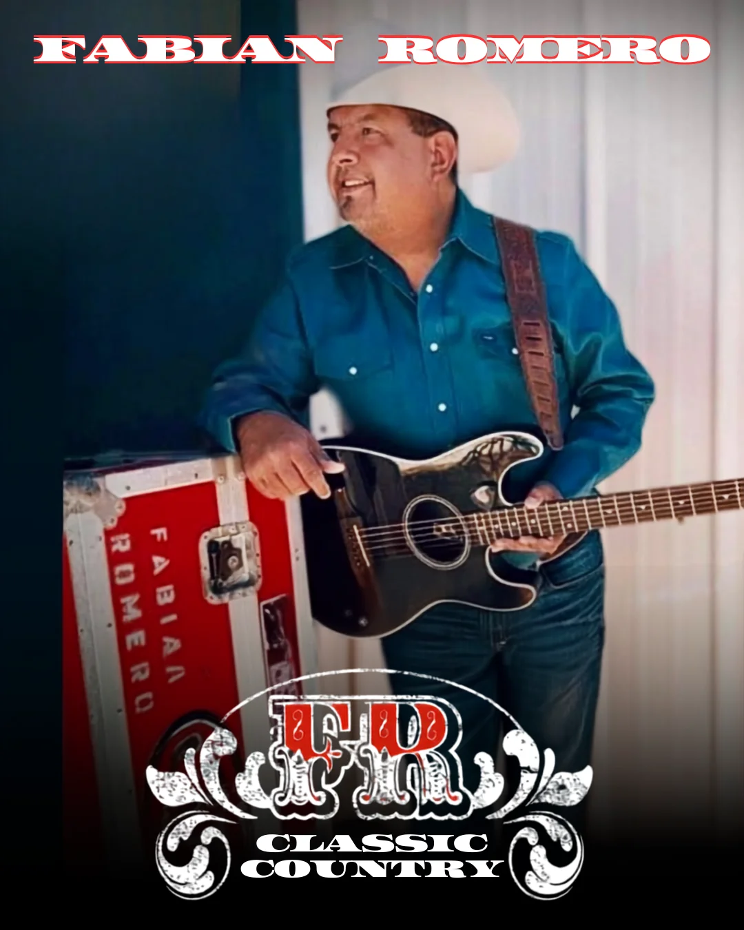 Musician posing with guitar in a vibrant blue shirt and cowboy hat