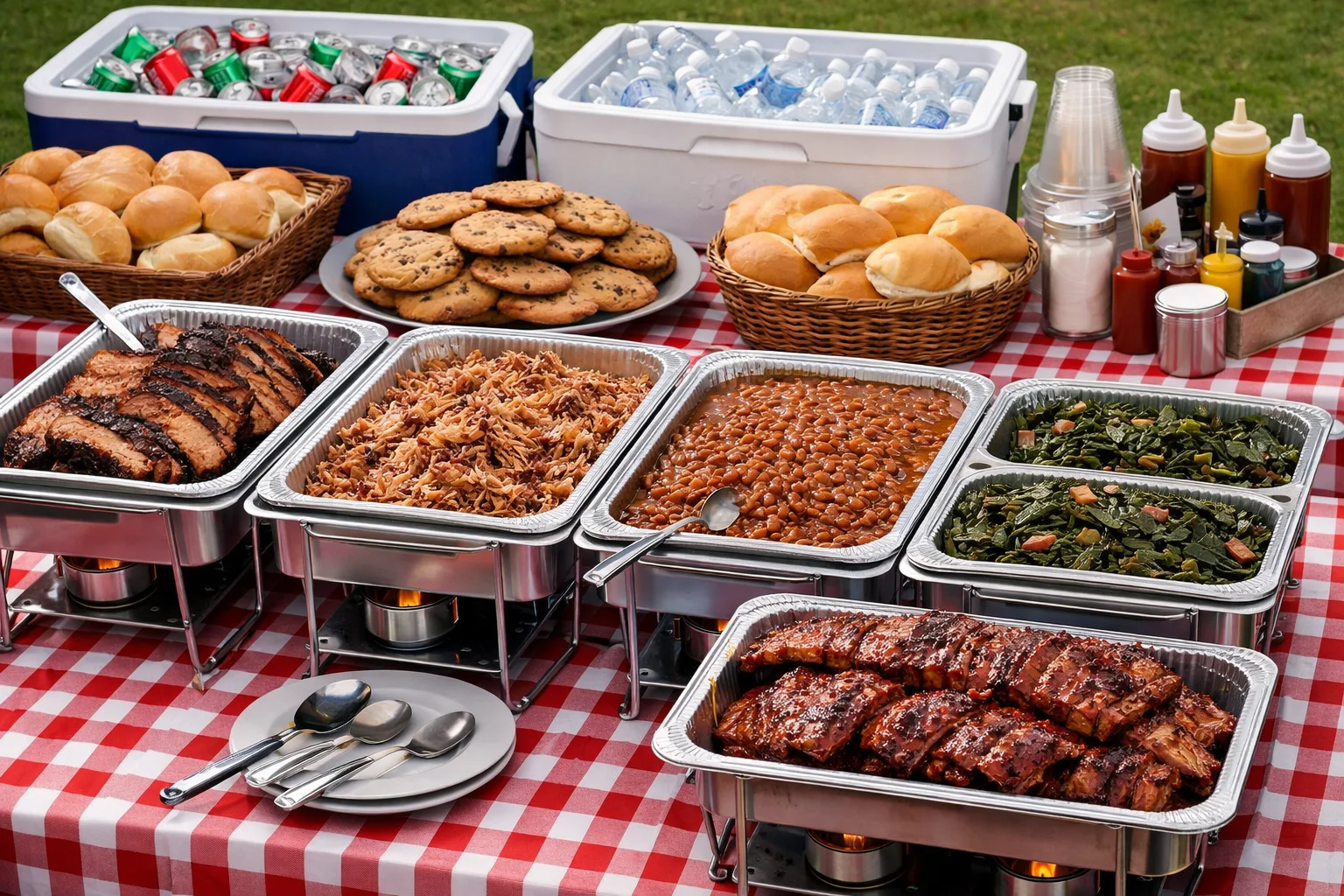 A tempting BBQ spread with various meats on a tray, including ribs, sausages, and sandwiches, garnished with sauces.