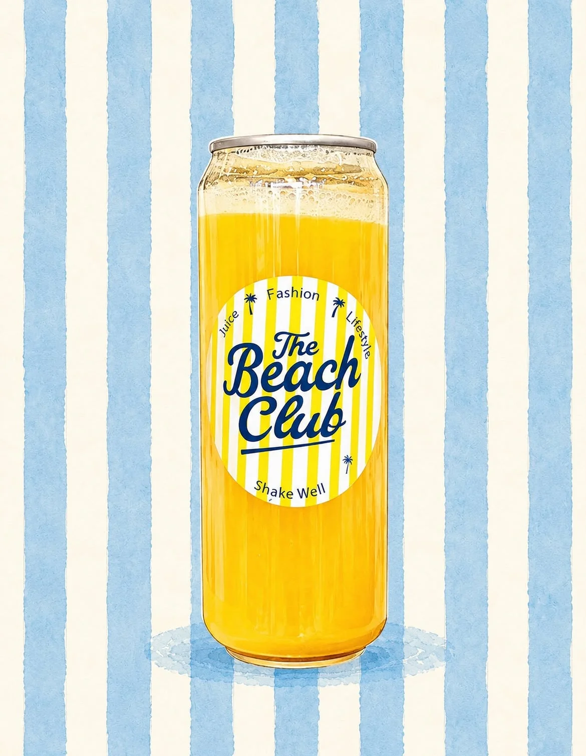 An illustration of a beverage can labeled 'The Beach Club', surrounded by vertical blue and white stripes.