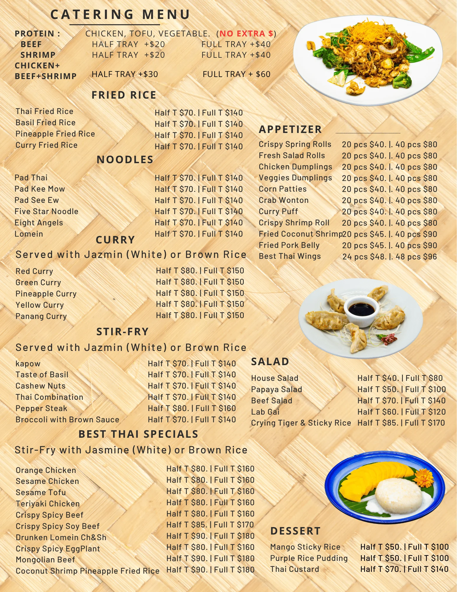 Catering menu featuring Thai dishes and appetizers