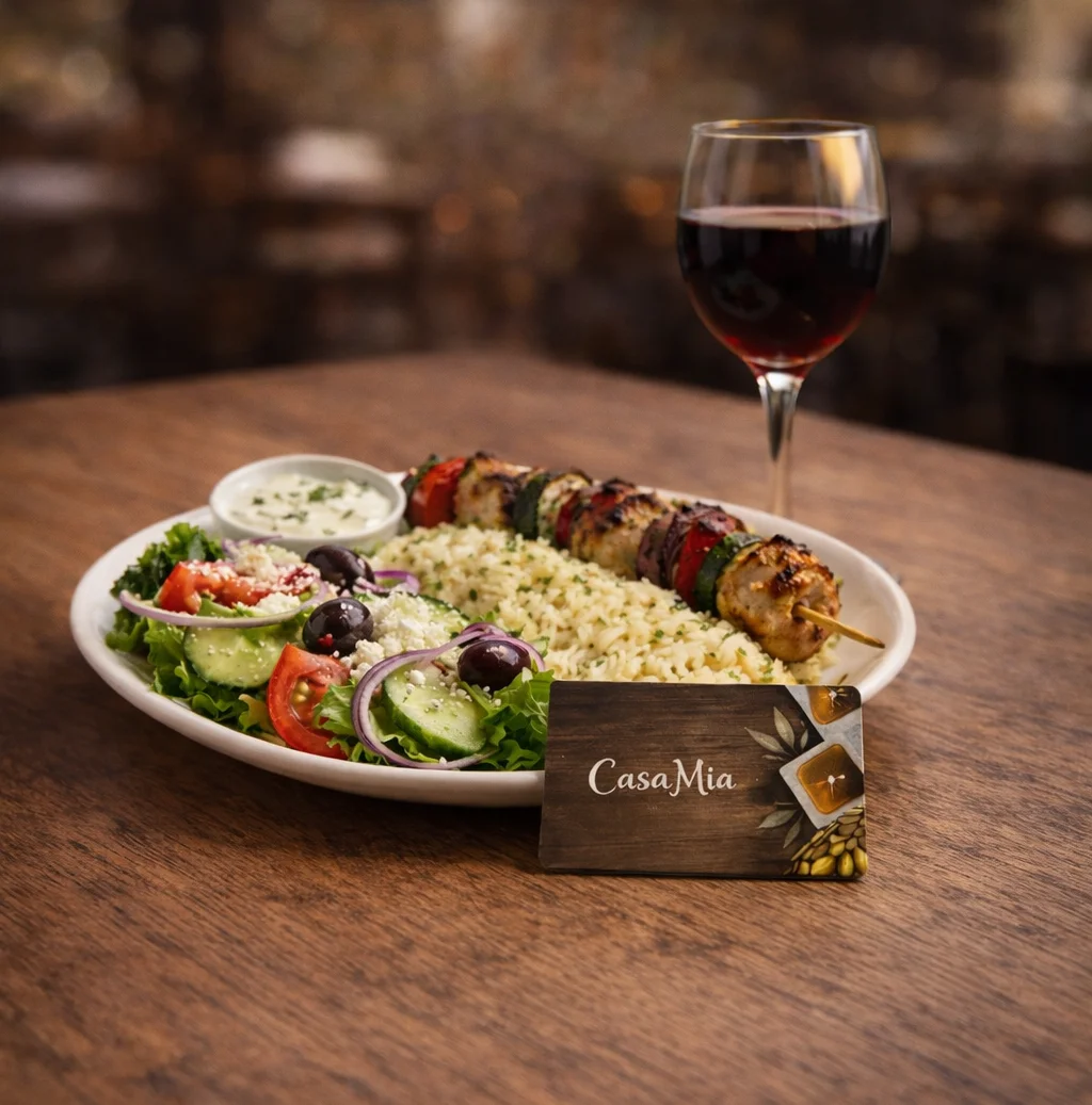 Delicious Souvlaki Dinner with grilled meat and fresh vegetables