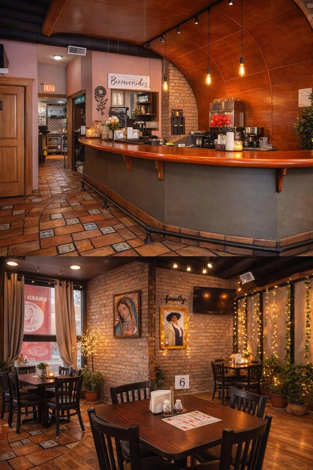 Cozy restaurant interior with warm lighting and rustic decor