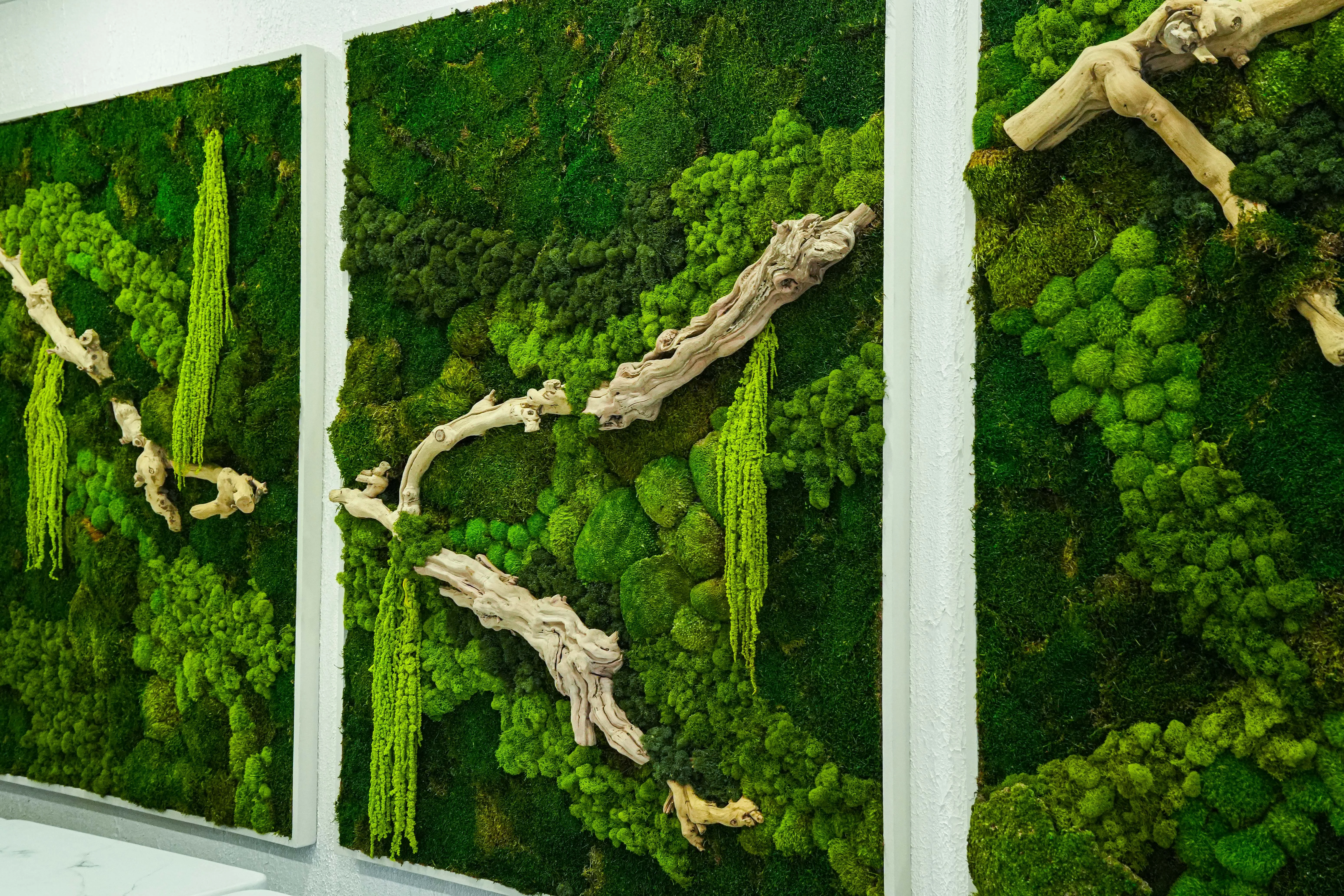 Lush green moss wall art with wooden accents