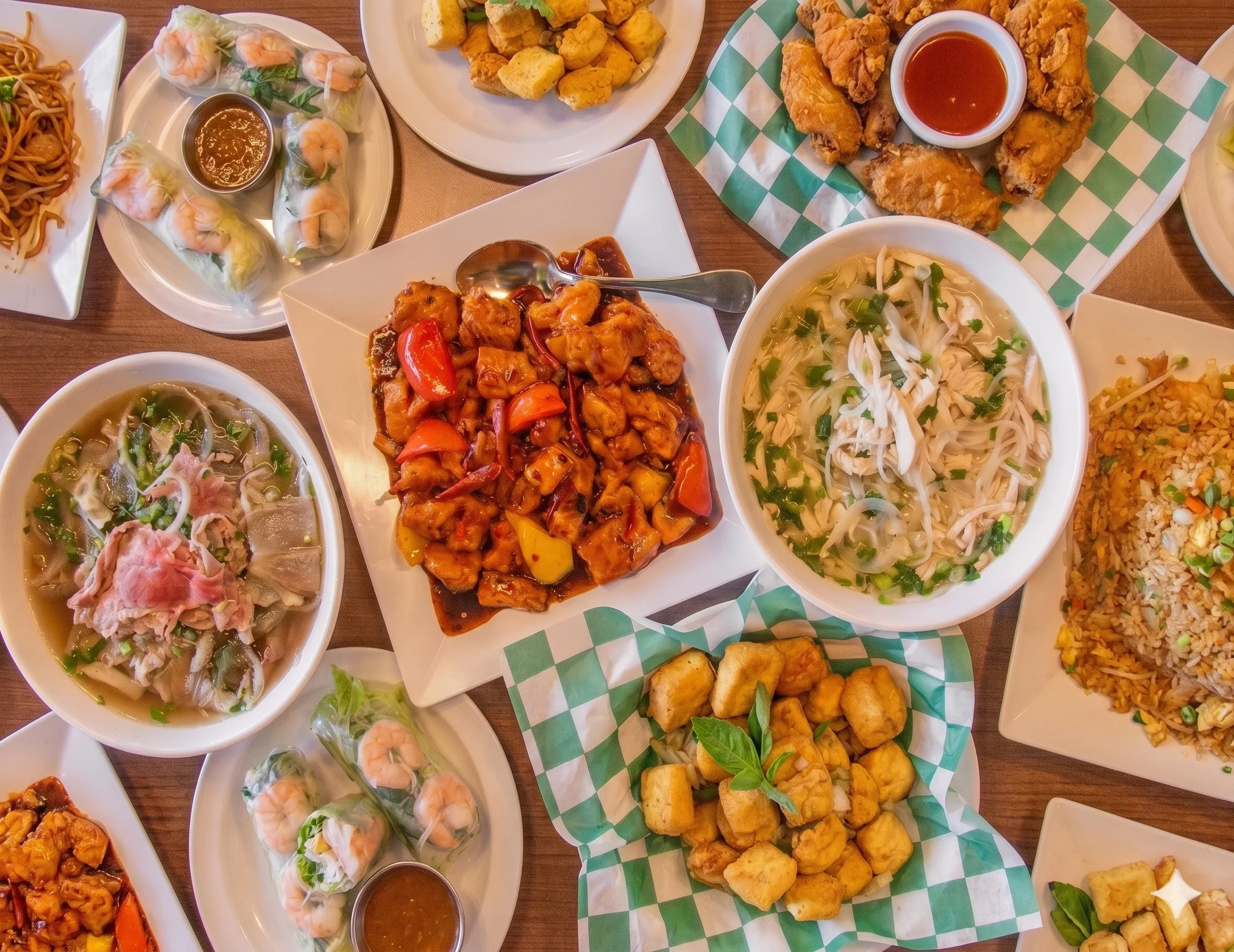 A variety of Asian dishes including noodles, spring rolls, and fried chicken.