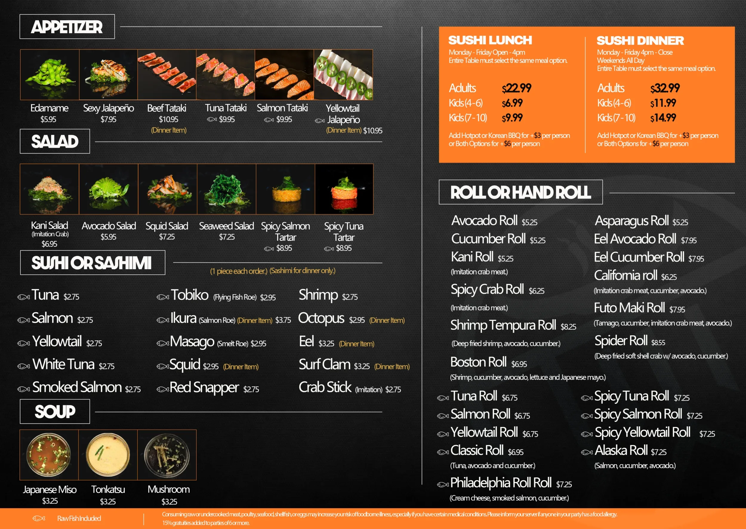 Chako Sushi menu showcasing a variety of sushi dishes and drinks.