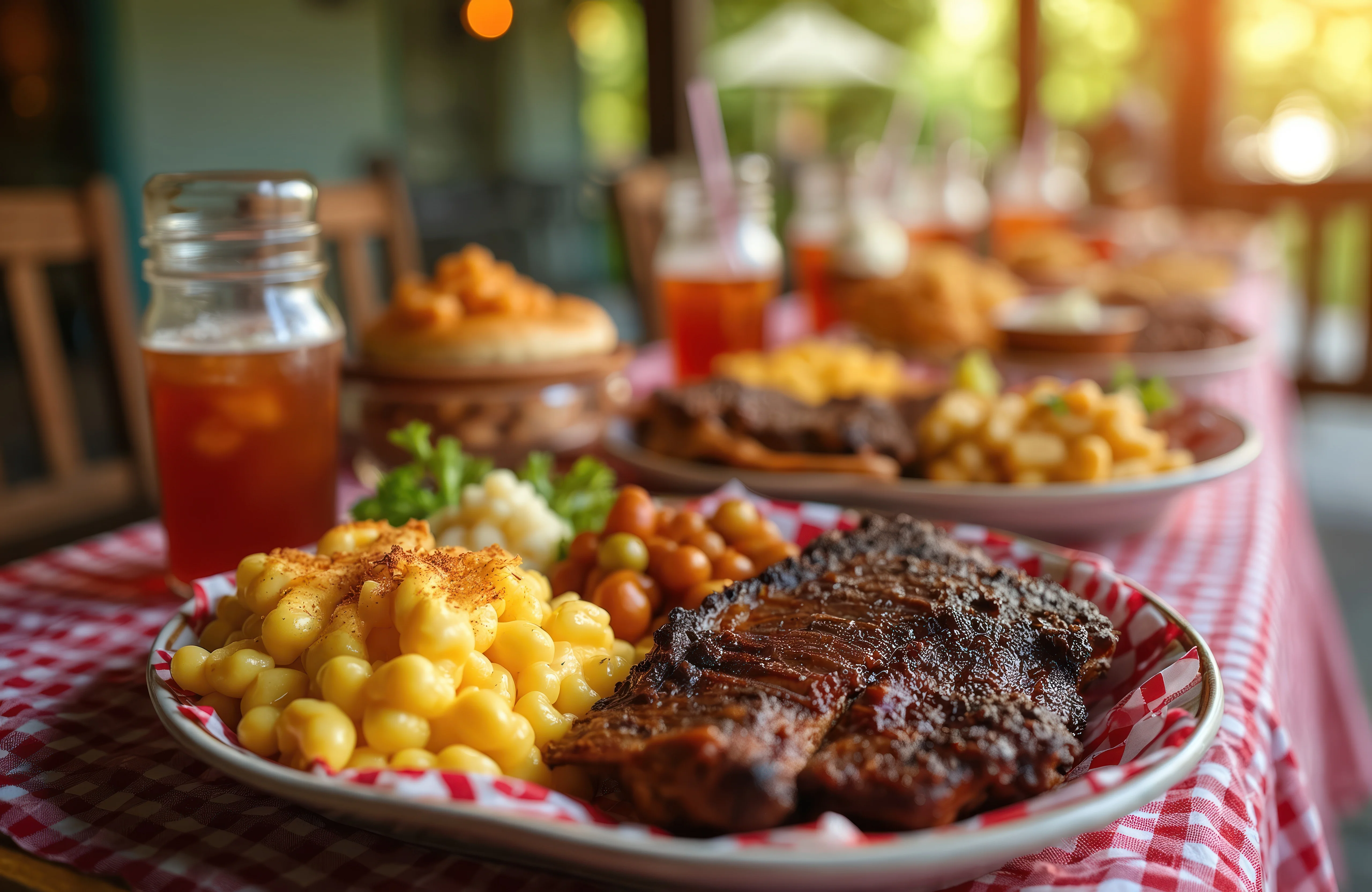 Barbecue ribs with mac and cheese in a rustic dining setting