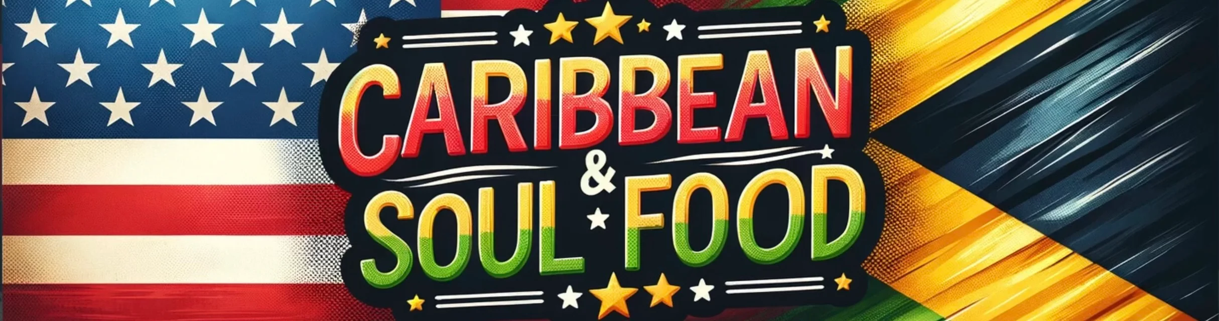 Colorful Caribbean and soul food restaurant sign