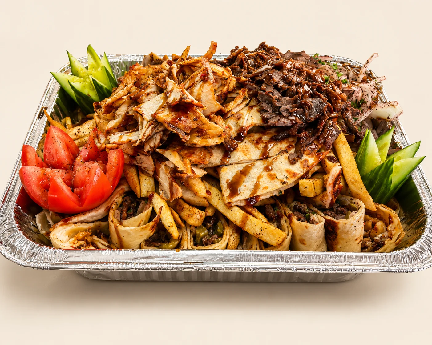 Arabic style Beef Chicken Shawarma Sandwich sauce drizzle decorated with veggies catering dine in take out