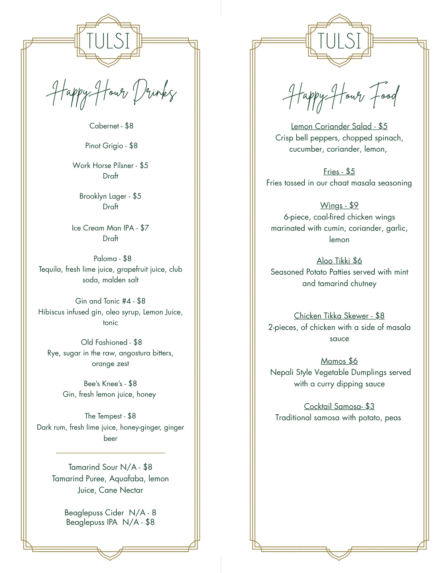 TULSI restaurant happy hour drinks and food menu typography