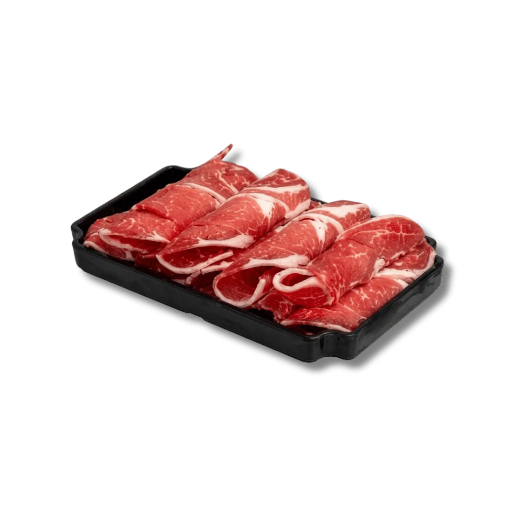 Thinly sliced beef arranged in a black tray.