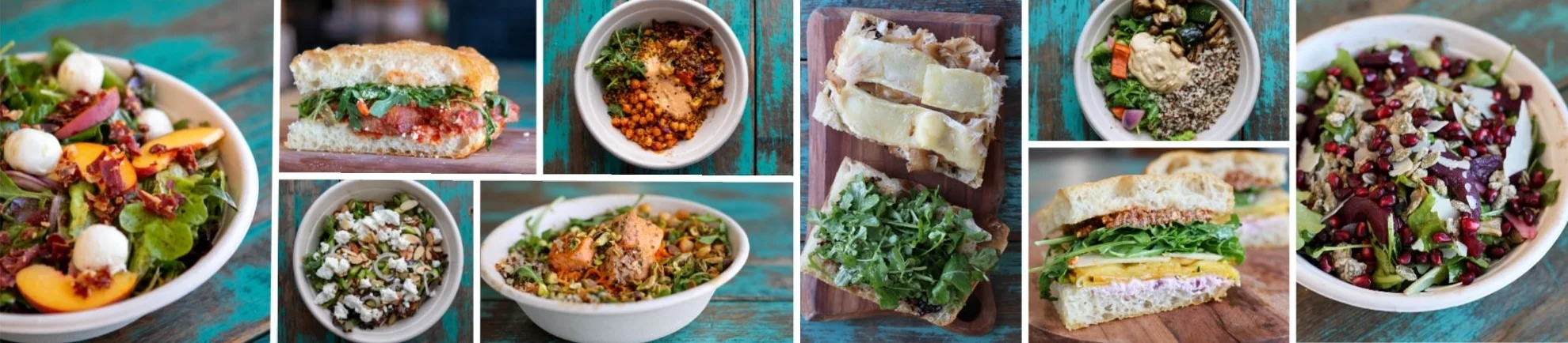 Colorful Mediterranean grain bowls and sandwiches on rustic wooden table