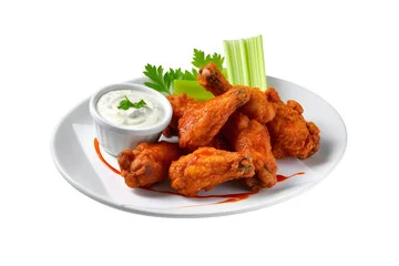 A plate of spicy chicken wings served with a side of ranch dressing, celery sticks, and garnished with parsley.