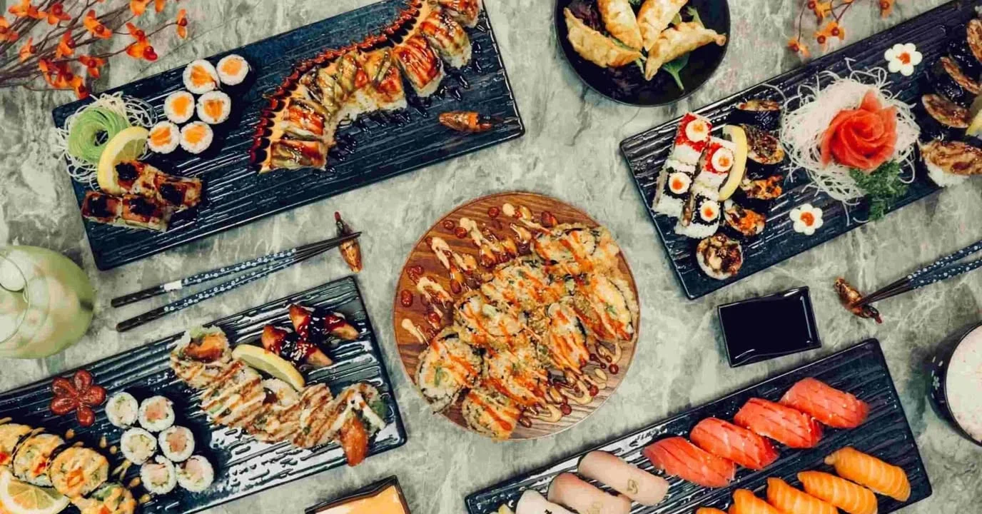 Assorted Japanese sushi platter with rolls and sashimi